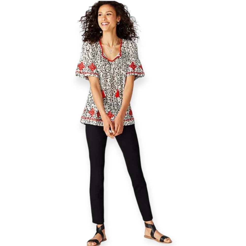 NWOT J Jill cream red black embroidered floral blouse top Womens Medium - Picture 4 of 12